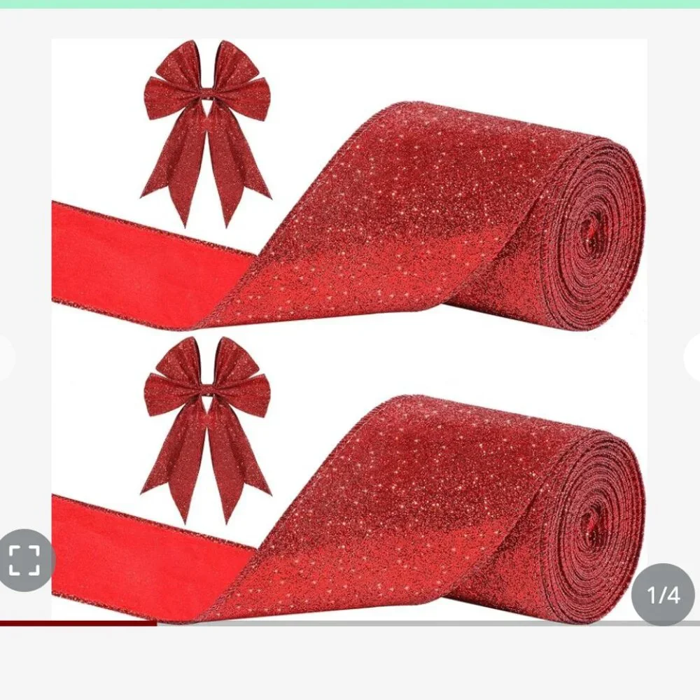 4/4 2 Rolls 20 Yards Christmas Glitter Ribbon Glitter Wired Ribbon Shiny Ribbon